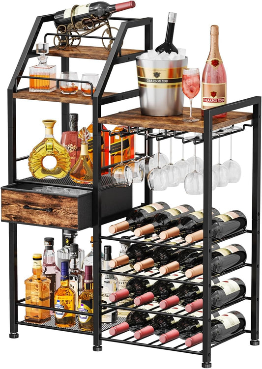 HapiRm Wine Rack Freestanding Floor - Multi-Tier Liquor Cabinet with Fabric Drawer, Liquor Bottle Display Shelf with Glass Holder, Vintage Whiskey Cabinet for Home