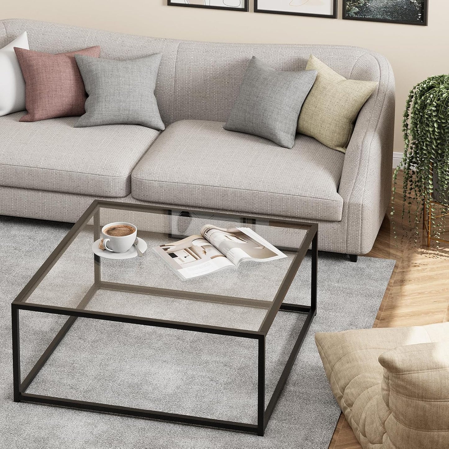 Black Glass Coffee Table for Living Room,Square Coffee Tables for Small Spaces,Simple Tea Cocktail Modern Center Tables, Living Room Tables,Easy Assembly,26 * 26in（Black & Clear Glass）