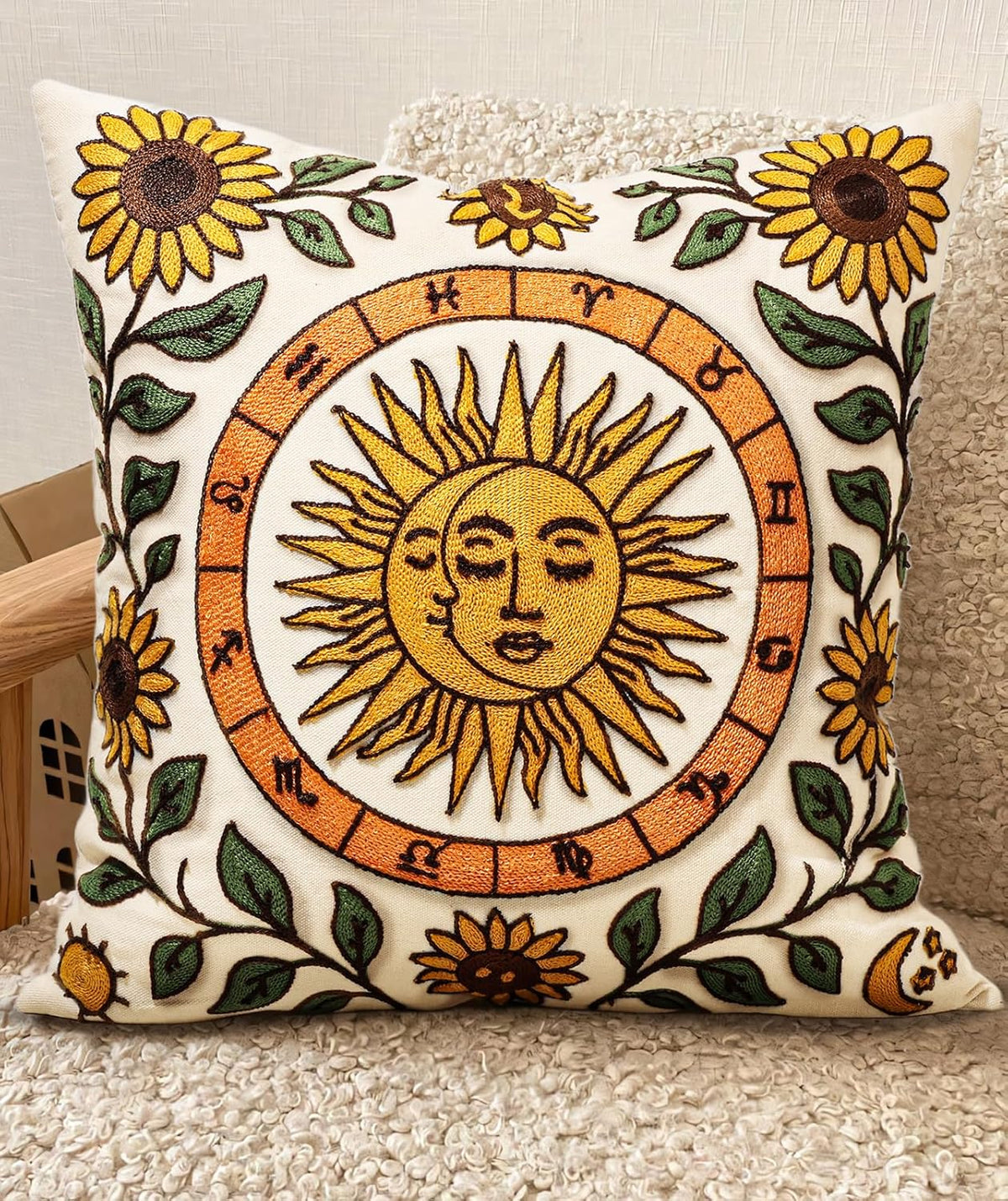 Embroidered Throw Pillow Cover 18x18 Inch - Spring Summer Boho Decorative Pillow Cover with Zipper for Living Room Couch Sofa Bed Aesthetic Design Flower Cluster Cushion Pillowcase