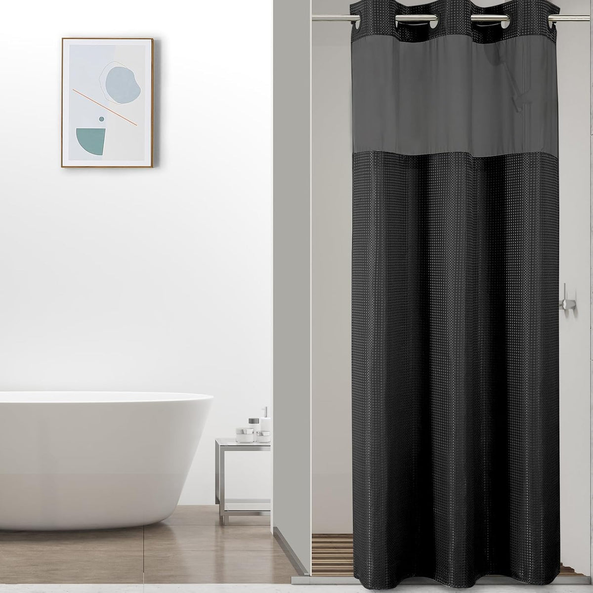 No Hook Waffle Shower Curtain with Snap in Fabric, Waterproof Shower Curtains with See Through Top Window, Hotel Luxury Heavy Duty Bathroom Curtain and Liner Set, 72'' x 75'', Black