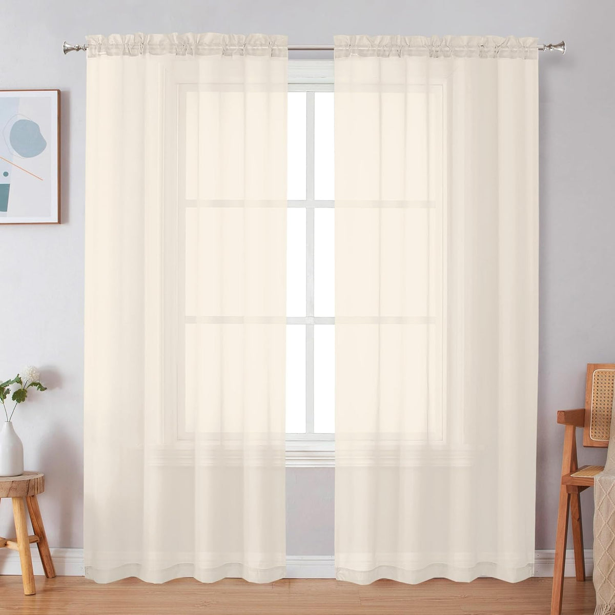 Black Sheer Curtains 63 Inch Length 2 Panels, Rod Pocket Solid Color Window Sheer Curtain Panels, Elegant Curtains & Drapes for Living Room, Bedroom 2 Panels (Black, 42" W x 63" L)