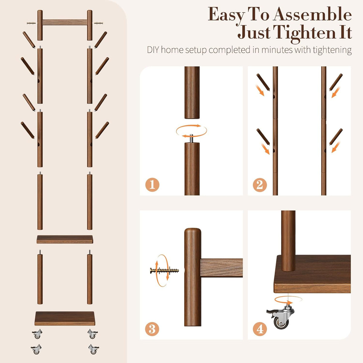 Solid Wood Coat Rack Freestanding - Rolling Clothes Rack with 8 Hooks & Shelves, Small Clothing Rack with Wheels, Heavy Duty Clothing Racks for Hanging Clothes, Portable Hall Tree for Entryway