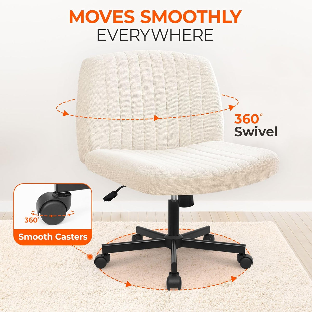 Chair Wheels Wide Cross Legged Office Desk Vanity Chair Comfy Fabric Armless Adjustable Swivel for Home Computer Task (Beige Wheel, Fabric)