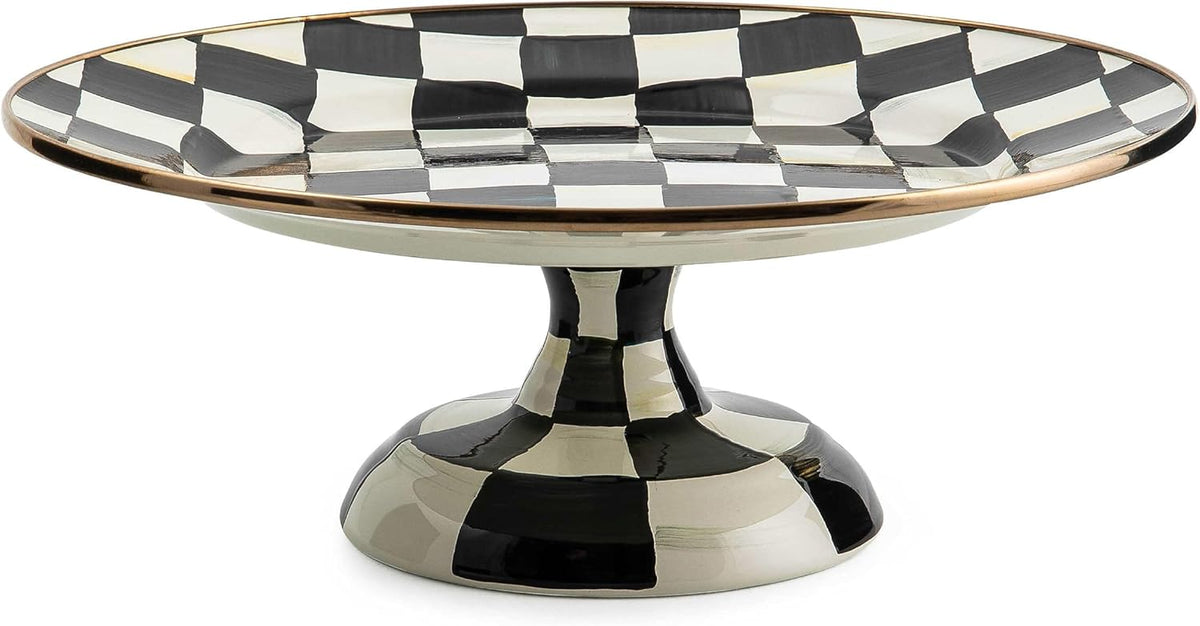 Enamel Pedestal Serving Platter, Decorative Serving Dish for Food, Mini, Black-and-White Courtly Check
