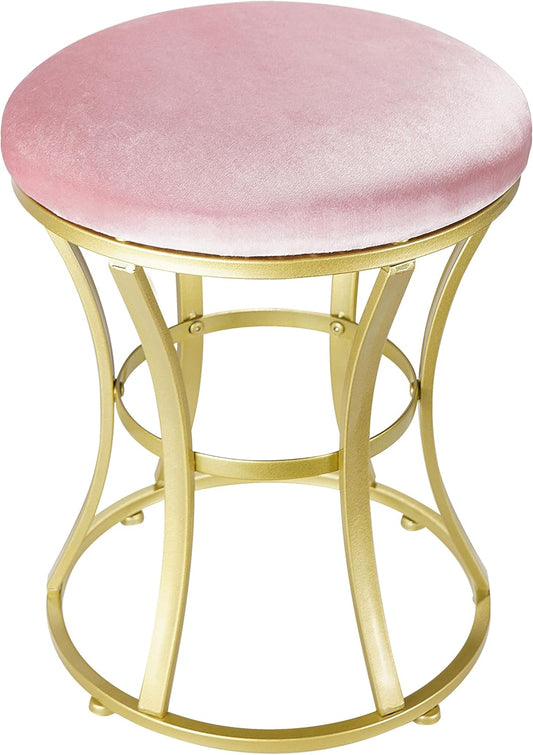 Velvet Round Vanity Stool,Pink Velvet Footrest Ottoman Foot Stool Seat with Golden Metal Legs,Makeup Chair for Bathroom Vanity,Bedroom,Living Room