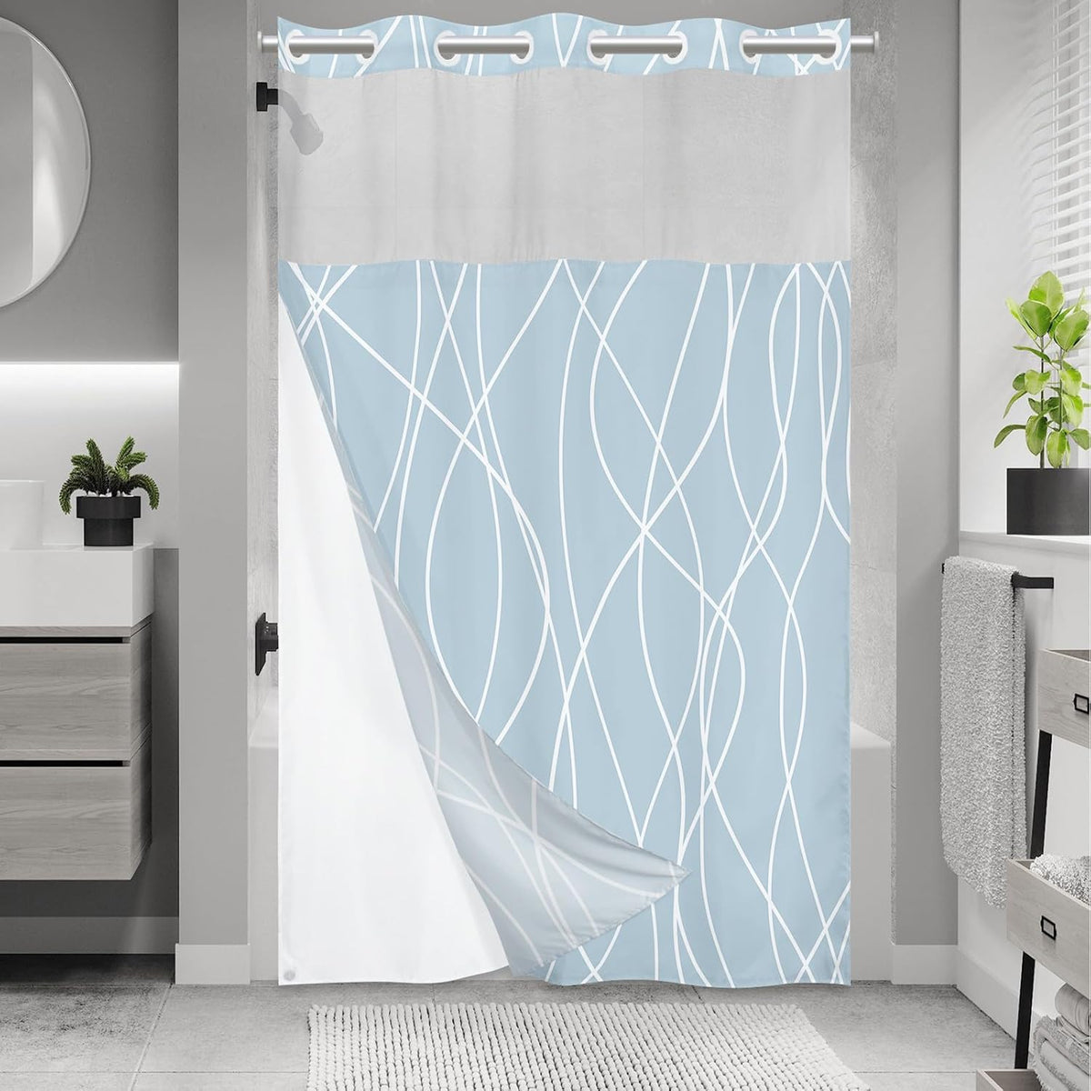 No Hook Grey White Striped Shower Curtain with Snap in Fabric Liner Set - Hotel Liner Set with See Through Mesh Top Window,Machine Washable, 71x74 INCH