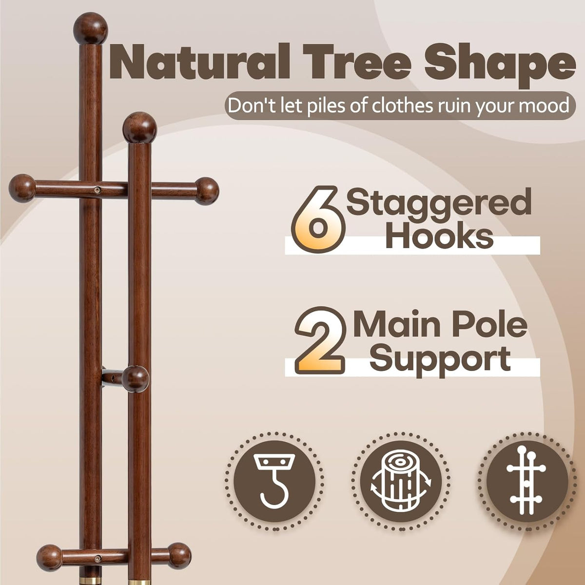 Coat Rack Freestanding, Wooden Coat Tree with 2 Main Rods, Heavy Duty Coat Hanger Stand with 15.75" Dia.Round Base, Walnut Standing Hall Tree for Bedroom Living Room, Clothes Jacket Bag Hat