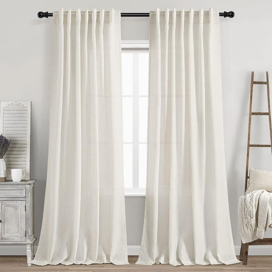 Cream Linen Back Tab Curtains 84 Inch Length for Living Room 2 Panel Set Neutral Modern Farmhouse Window Privacy Semi Sheer Linen Drapes Rustic Pinch Pleated Look Curtain Natural Ivory Colored