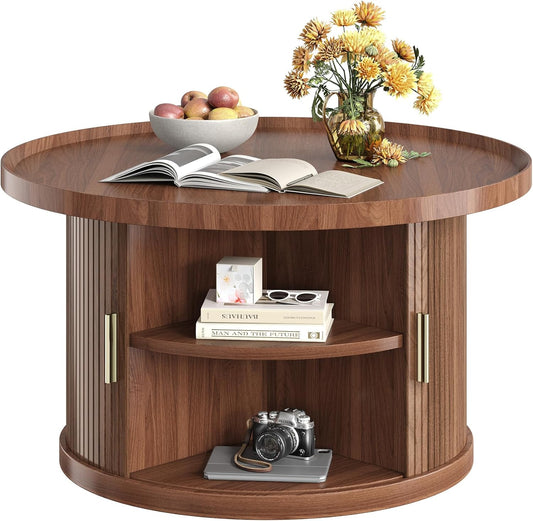 IRONCK Coffee Table, 31.5" Round Coffee Table with Storage & Sliding Tambour Door, Fluted Center Table for Living Room, Small Space, Mid Century Modern, Walnut